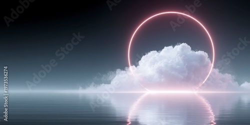 a round, glowing red frame and fog hover over the sea water