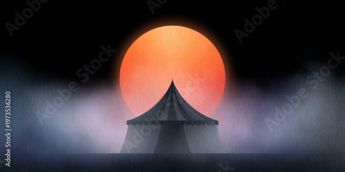 circus tent at night, a large orange sun setting behind it, foggy atmosphere