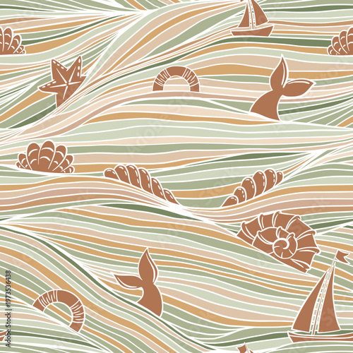 Summer Boho Sea Waves Line Art Seamless Pattern Vector Background in Beige Green, Hand Drawn Ocean, Boats and Seashells, Dolphin Tails Bohemian Marine Hairline Wallpaper