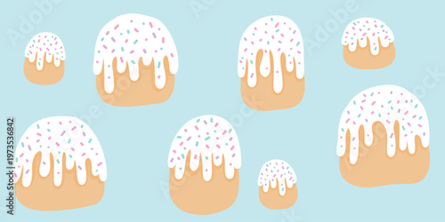 Cute Easter cakes with frosting and sprinkles. Includes different sizes and variations on soft blue background. Cute, minimal and festive style suitable for holiday design, packaging, prints and etc.