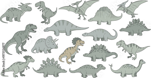 Cartoon Dinosaur Collection Featuring T-Rex, Triceratops, Pterodactyl, Stegosaurus, and Other Prehistoric Creatures for Kids' Art and Nature Designs
