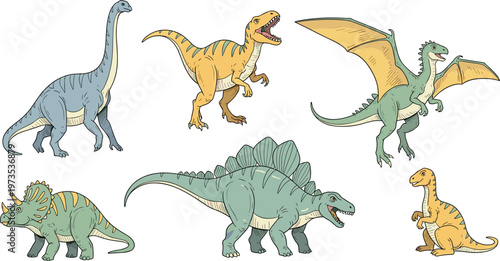 Cartoon Dinosaur Collection Featuring Brachiosaurus, T-Rex, Stegosaurus, Pterodactyl, and Prehistoric Creatures for Kids' Art and Nature Designs
