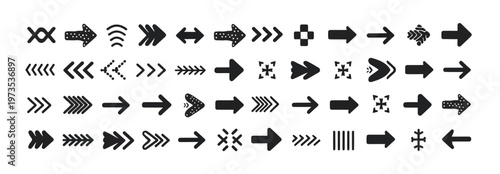 Set of diverse black arrow icons with patterns and textures on white, vector graphics