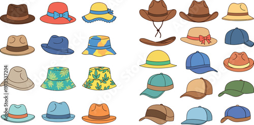 Cartoon vector illustration of assorted hats with ribbons, bows and cultural fashion styles