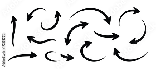 Hand-drawn black arrows in various curved and circular shapes indicating direction and movement.