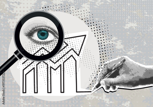 Halftone collage man's hand drawing with a pen of Growth chart and near magnifying glass with eye. Modern collage design. Successful business performance. Financial success. Business data graph. 