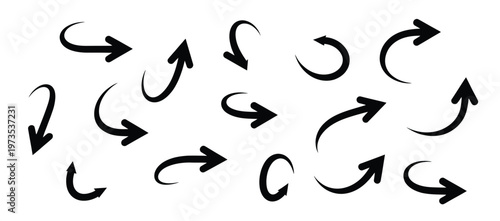 Collection of stylized black arrows with curved and flowing lines, indicating direction and movement.