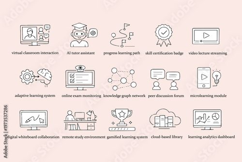 Online Education & E-learning Minimal Line Icons for Digital Learning Platforms and Courses