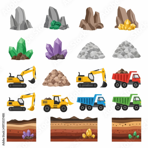 Mining and excavation equipment with various minerals and soil layers.