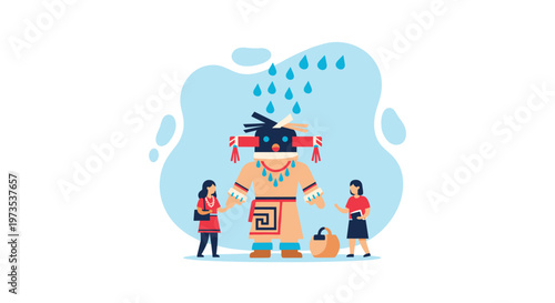 A large stylized Hopi kachina doll stands centrally on a light blue organic-shaped background, with two smaller human figures on either side.