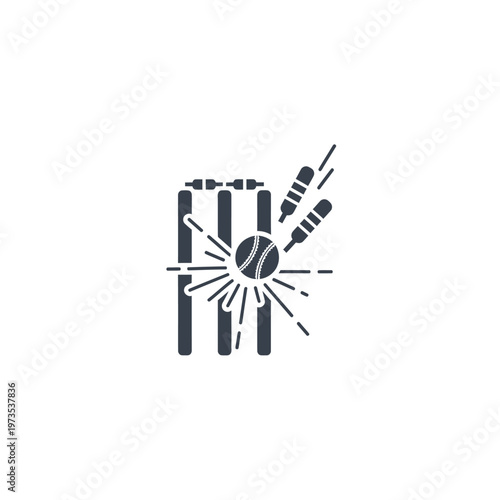 Cricket ball hitting wicket stumps graphic.