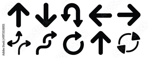 A versatile set of bold black arrow icons for user interface design, indicating direction, navigation, and flow.