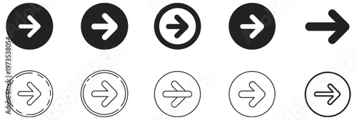 Collection of diverse right arrow icons in black and white for digital interfaces and design