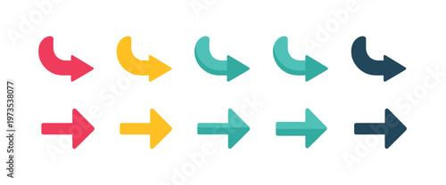 Collection of five flat design arrow icons in red, yellow, teal, and dark blue.