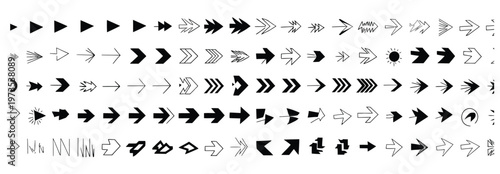 Diverse collection of 70 black and white arrow symbols in various styles and forms.