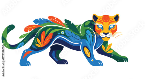 A single stylized illustration of a jaguar, rendered with a flat, graphic style, features intricate patterns of blue, green, orange, and red leaves and feathers across its body.