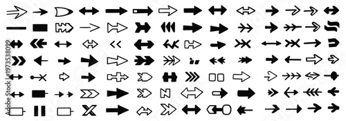 Extensive set of 80 black and white arrow icons and symbols for various design applications.