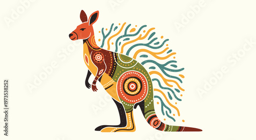 A stylized kangaroo stands facing left on a cream-colored background, adorned with intricate Aboriginal-inspired dot art patterns.