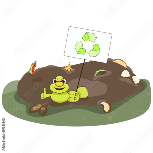 Worm in a compost pile with recycling symbol
