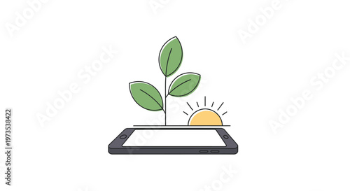 Green plant growing from smartphone screen.