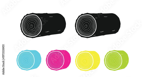 Stylized illustration of two dark logs above colorful cross sections