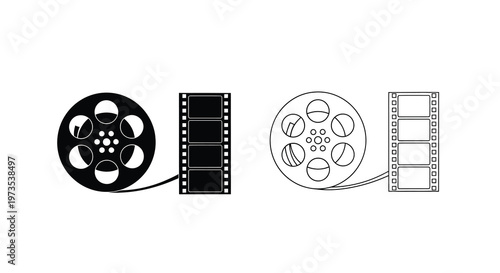 Four film reels in a simple black and white line art illustration
