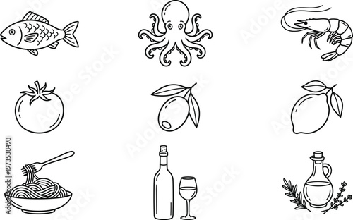 Hand drawn sketch collection seafood fruits and culinary items in a minimalist black and white style