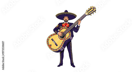 A single stylized illustration of a Mexican mariachi musician stands holding an oversized, intricately decorated guitar, wearing a dark blue charro suit and a wide sombrero.
