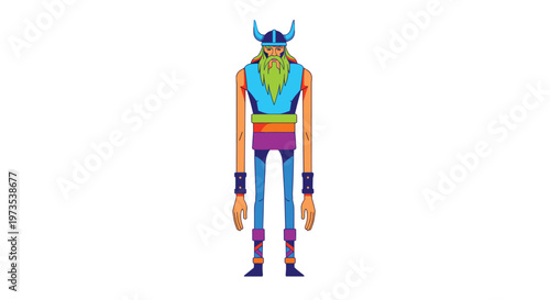 A single stylized illustration of a Norse giant, rendered with a flat, graphic style, stands tall with an exaggeratedly long body, wearing a horned helmet, a vibrant blue tunic and purple boots.