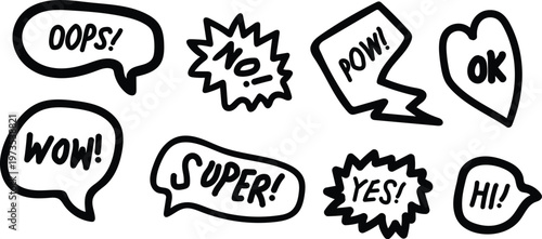 Comic Speech Bubble Sticker Set OK YES WOW OOPS POW SUPER Doodle Icons Collection Hand Drawn Minimal Design Isolated Png Transparent Background