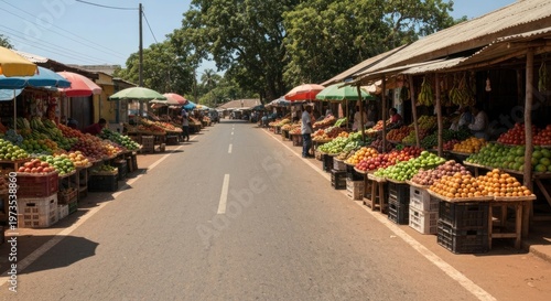 Vibrant Market Scene - A Road Lined with Fresh Produce.