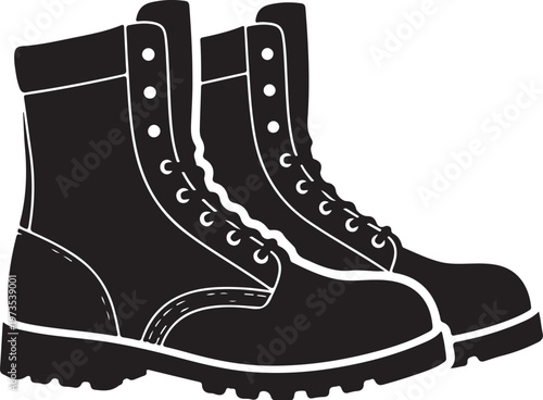 Black boots, work boots, industrial footwear, vector illustration, rugged shoes