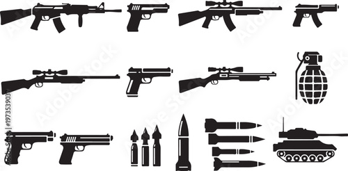 Military weapons icons, gun symbols, vector firearms, ammo illustrations