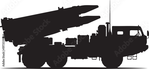 Military missile launcher truck, silhouette, vector illustration, black, isolated
