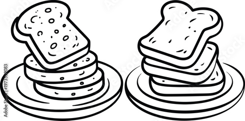Stacks of toast slices on plates, vector illustration, food icon, food serving, food item