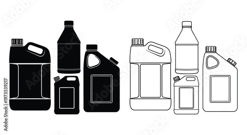 Black and white illustration of various oil and fluid containers