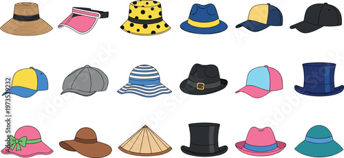 Cartoon vector illustration of diverse colorful hats in cultural and fashion headwear collection