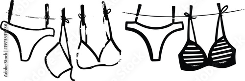 Underwear drying on a clothesline in black and white