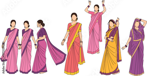 Collection of Indian Women Wearing Traditional Saree in Various Poses Colorful Cultural Fashion Illustration Set for Ethnic Lifestyle and Festive Design
