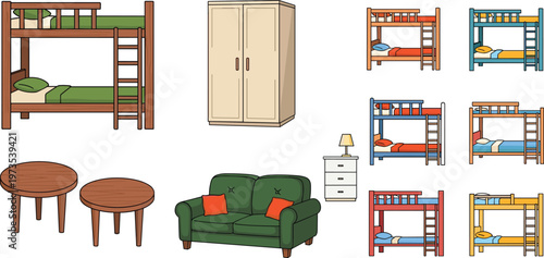 Furniture Collection Illustration Set Featuring Bunk Beds Wardrobe Sofa Tables and Bedroom Interior Elements for Home Decor and Interior Design Projects