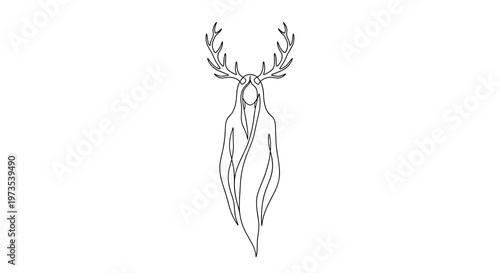 A continuous black line art drawing portrays a tall, slender Romanian forest spirit, depicted as a cloaked figure with prominent deer antlers for a head on a white background.