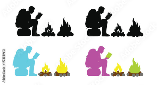 Silhouette of a person reading by a campfire displayed in various colors