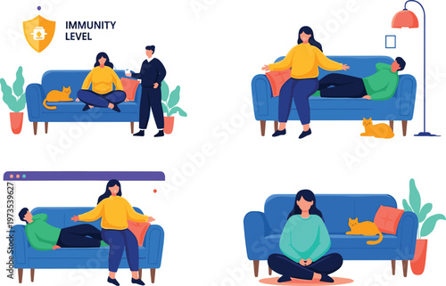 Home Relaxation and Meditation Lifestyle Illustration Set Featuring People Resting on Sofa with Yoga Poses Calm Wellness and Mental Health Concepts