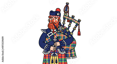 A friendly Scottish bagpiper, featuring a prominent red beard and traditional tartan kilt, plays his bagpipes with cheerful expression on a simple white background.