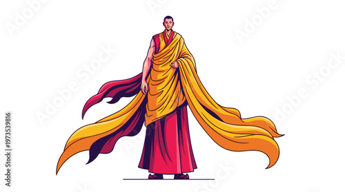 A solitary Tibetan monk stands upright, adorned in flowing red and yellow robes, against a clean, minimalist white background.