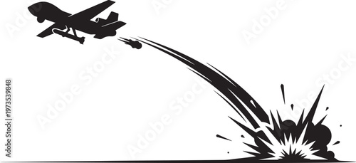 Black airplane silhouette, crashing, explosion, vector graphics, monochrome, dramatic scene
