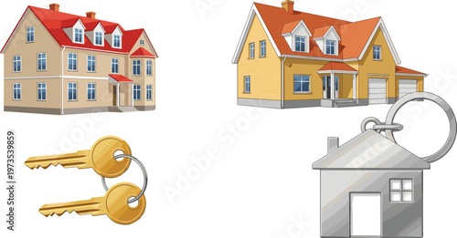 Real Estate Property Illustration Set Featuring Residential Houses and House Keys Symbols for Home Ownership Investment and Housing Market Concepts