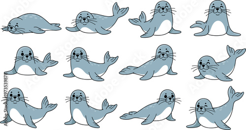 Cartoon vector illustration of expressive blue gray seals in multiple playful marine character poses