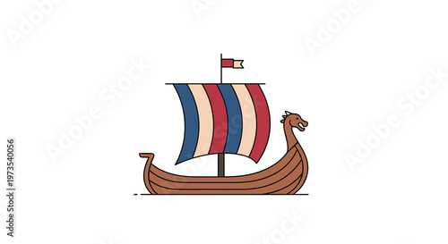 A simple cartoon illustration of a traditional Viking drakkar longship with a striped sail and a dragon head prow is depicted against a clean white background.