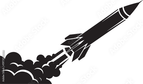 Black rocket ship blasting off, space launch vector, rocket icon, space travel